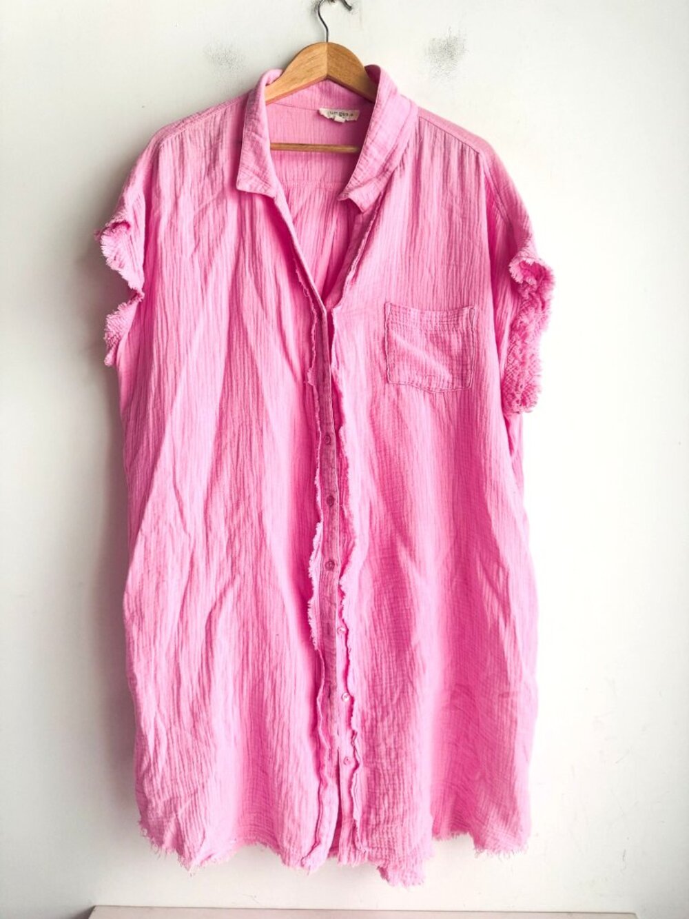 Umgee Gauzy Pink Cotton Button Down Shirt Dress Raw Hem Beach Vacation 1XL